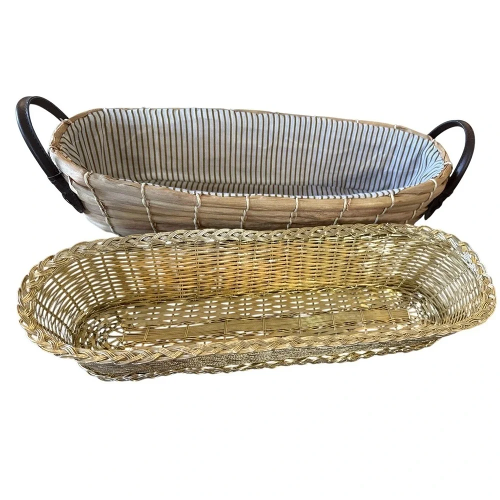 VNTG Woven Bread‎ Basket W/Leather Handles w/ Special Gold Accent Insert 16
